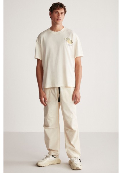 PHILLIP Erkek Oversize Fit %100 Pamuk Kalın Dokulu Baskılı Vanilya T-Shirt