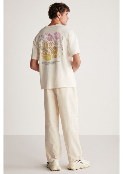 PHILLIP Erkek Oversize Fit %100 Pamuk Kalın Dokulu Baskılı Vanilya T-Shirt