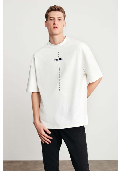 Project Erkek Baskı Detaylı Oversize Fit %100 Organik Pamuk Örme Bisiklet Yaka Örme Beyaz T-shirt