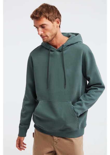Jorge Erkek Yumuşacık Kapüşonlu Organik Pamuk Kanguru Cepli Regular Yeşil Sweatshirt