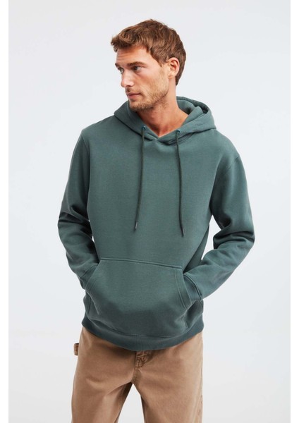 Jorge Erkek Yumuşacık Kapüşonlu Organik Pamuk Kanguru Cepli Regular Yeşil Sweatshirt