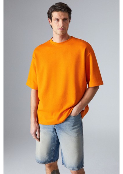 Joel Erkek Pamuklu Kalın Kumaşlı Özel Dokulu Etiket Detaylı Oversize Turuncu T-Shirt
