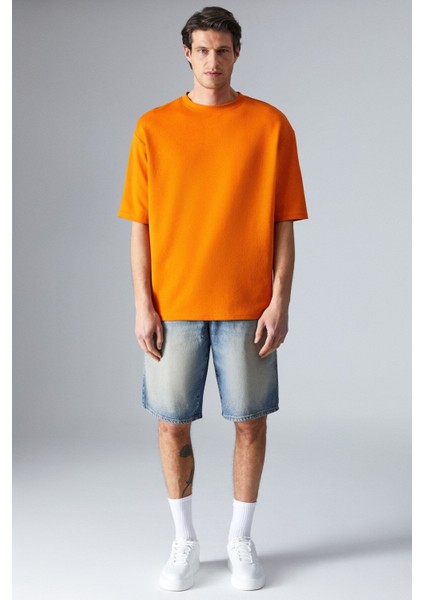 Joel Erkek Pamuklu Kalın Kumaşlı Özel Dokulu Etiket Detaylı Oversize Turuncu T-Shirt fiyatları