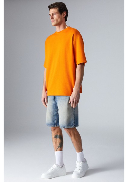 Joel Erkek Pamuklu Kalın Kumaşlı Özel Dokulu Etiket Detaylı Oversize Turuncu T-Shirt fırsatları