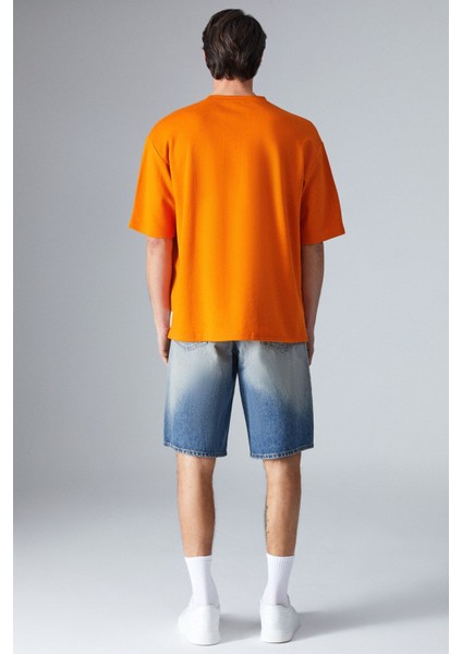 Joel Erkek Pamuklu Kalın Kumaşlı Özel Dokulu Etiket Detaylı Oversize Turuncu T-Shirt