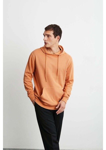 Jorge Erkek Yumuşacık Kapüşonlu Organik Pamuk Kanguru Cepli Regular Turuncu Sweatshirt