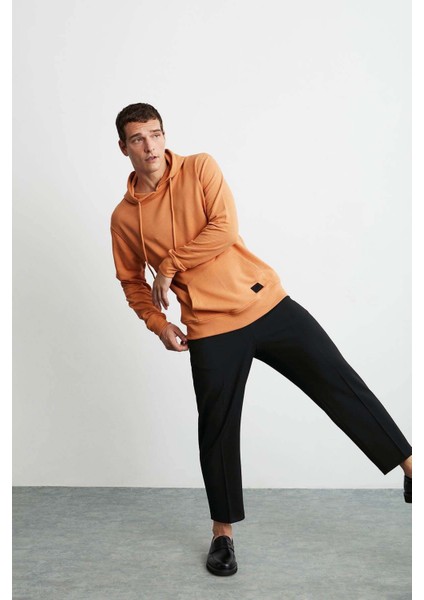 Jorge Erkek Yumuşacık Kapüşonlu Organik Pamuk Kanguru Cepli Regular Turuncu Sweatshirt