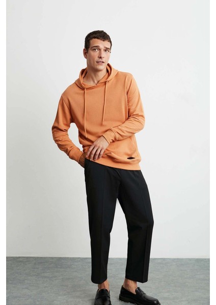 Jorge Erkek Yumuşacık Kapüşonlu Organik Pamuk Kanguru Cepli Regular Turuncu Sweatshirt