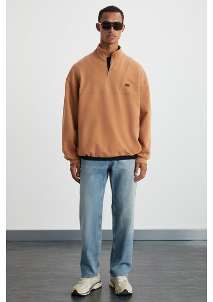Radıant Erkek %100 Organik Pamuk Nakış Detaylı Yarım Fermuarlı Dik Yakalı Kahverengi Sweatshirt fiyatları