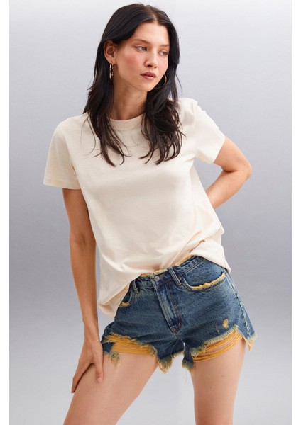 Samantha Kadın Comfort Fit %100 Organik Pamuklu Basic Örme Bej T-shirt indirimleri