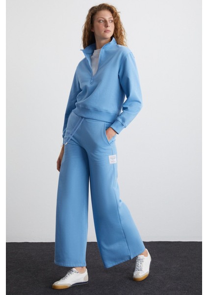 Saılenıs Kadın Yumuşacık Içi Şardonlu Organik Pamuk Yarım Fermuarlı Regular Mavi Sweatshirt fiyatları