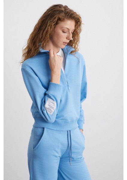 Saılenıs Kadın Yumuşacık Içi Şardonlu Organik Pamuk Yarım Fermuarlı Regular Mavi Sweatshirt modelleri