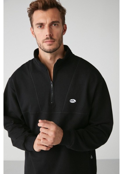 Radıant Erkek %100 Organik Pamuk Nakış Detaylı Yarım Fermuarlı Dik Yakalı Siyah Sweatshirt fiyatları