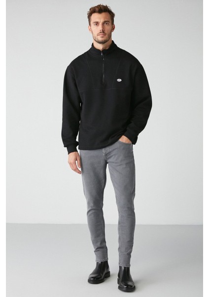 Radıant Erkek %100 Organik Pamuk Nakış Detaylı Yarım Fermuarlı Dik Yakalı Siyah Sweatshirt indirimleri