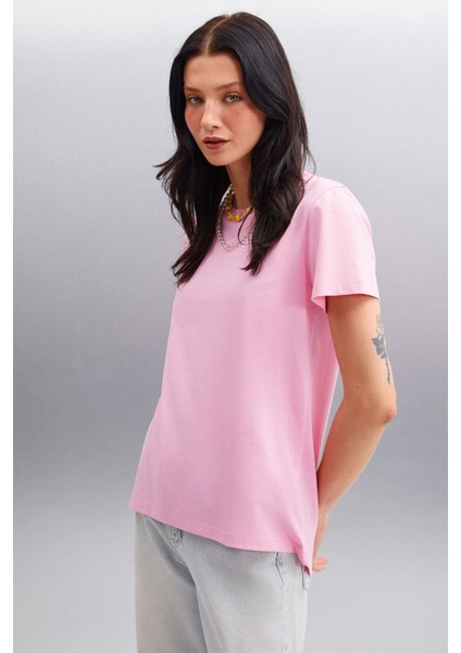 Samantha Kadın Comfort Fit %100 Organik Pamuklu Basic Örme Pembe T-shirt modelleri