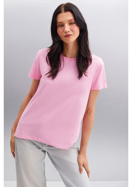 Samantha Kadın Comfort Fit %100 Organik Pamuklu Basic Örme Pembe T-shirt fırsatları