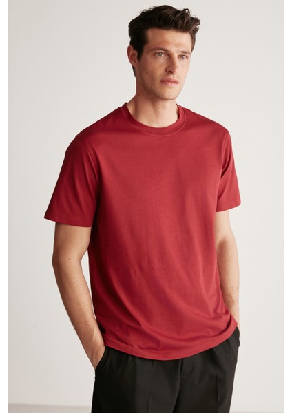 Rudy Erkek Slim Fit %100 Pamuklu Orta Kalınlıkta Bordo T-Shirt