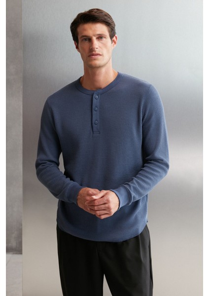 Patrıck Erkek Triko Waffle Özel Dokulu Kalın Premium Kumaşlı Düğme Detaylı Indigo T-shirt