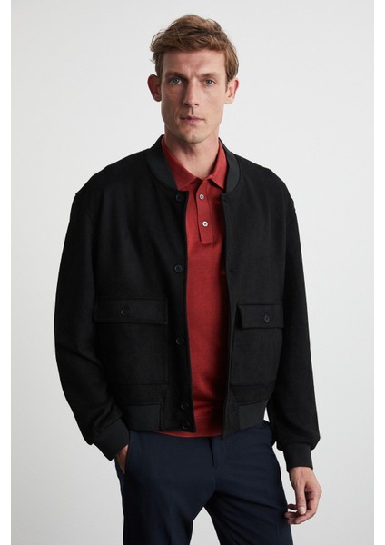 Preppy Erkek Organik Pamuklu Çift Cepli Düğmeli Regular Fit Yuvarlak Yakalı Siyah Ceket