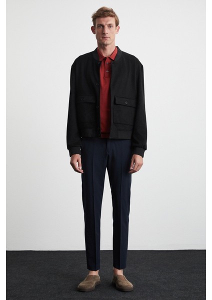 Preppy Erkek Organik Pamuklu Çift Cepli Düğmeli Regular Fit Yuvarlak Yakalı Siyah Ceket