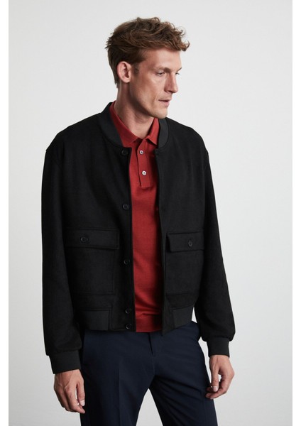 Preppy Erkek Organik Pamuklu Çift Cepli Düğmeli Regular Fit Yuvarlak Yakalı Siyah Ceket