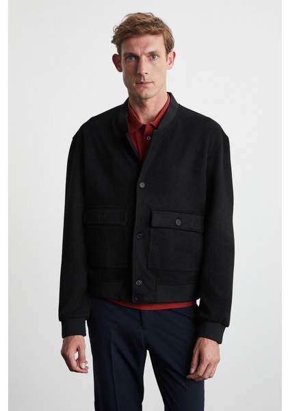 Preppy Erkek Organik Pamuklu Çift Cepli Düğmeli Regular Fit Yuvarlak Yakalı Siyah Ceket