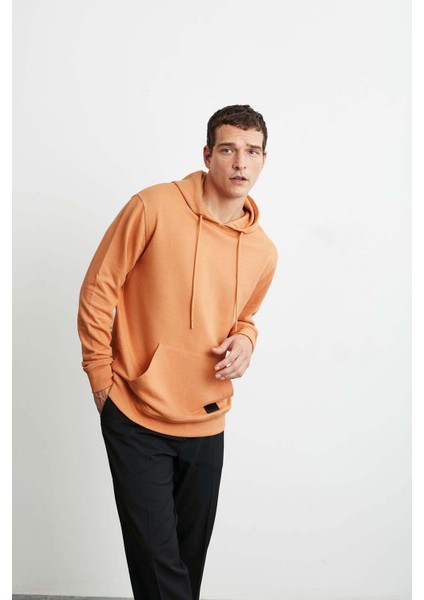 Jorge Erkek Yumuşacık Kapüşonlu Organik Pamuk Kanguru Cepli Regular Turuncu Sweatshirt