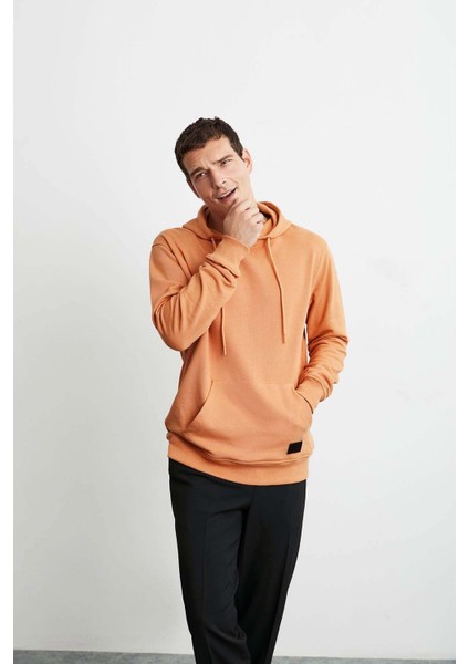 Jorge Erkek Yumuşacık Kapüşonlu Organik Pamuk Kanguru Cepli Regular Turuncu Sweatshirt