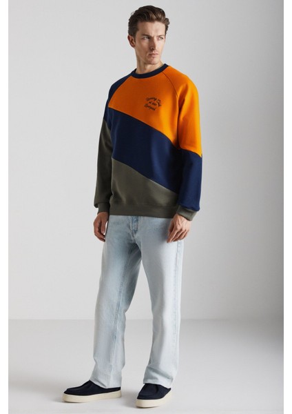 Colway Erkek Organik Pamuk Renk Bloklu Nakışlı Içi Polarlı Lacivert/haki/turuncu Sweatshirt fiyatları