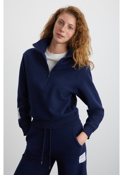Saılenıs Kadın Yumuşacık Içi Şardonlu Organik Pamuk Yarım Fermuarlı Regular Lacivert Sweatshirt
