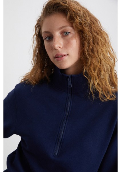 Saılenıs Kadın Yumuşacık Içi Şardonlu Organik Pamuk Yarım Fermuarlı Regular Lacivert Sweatshirt