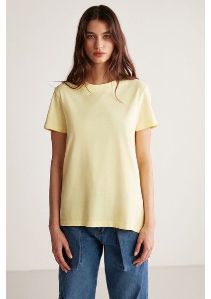 Samantha Kadın Comfort Fit %100 Organik Pamuklu Basic Örme Açık Sarı T-shirt modelleri