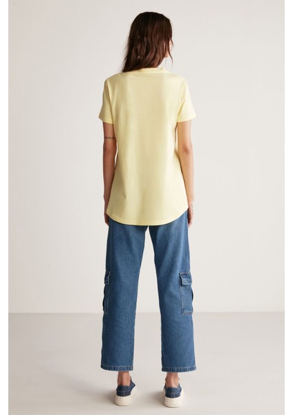 Samantha Kadın Comfort Fit %100 Organik Pamuklu Basic Örme Açık Sarı T-shirt indirimleri