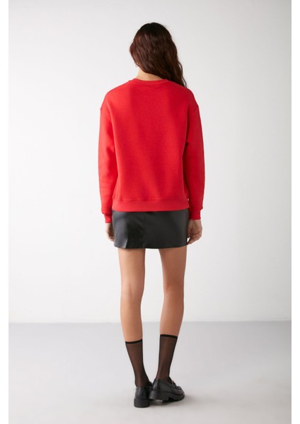 VANELTINA Kadın Bisiklet Yaka İçi Polarlı Oversize Fit Basic Kırmızı Sweatshirt