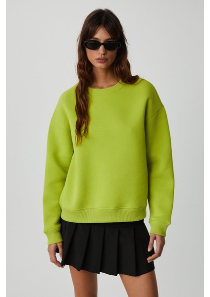 Vaneltına Kadın Içi Polarlı 3 Iplik Organik Pamuk Oversize Basic Bisiklet Yaka Fıstık Yeşili Sweatshirt