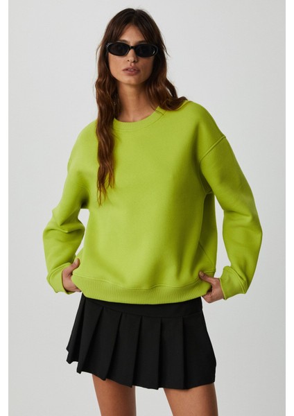 Vaneltına Kadın Içi Polarlı 3 Iplik Organik Pamuk Oversize Basic Bisiklet Yaka Fıstık Yeşili Sweatshirt