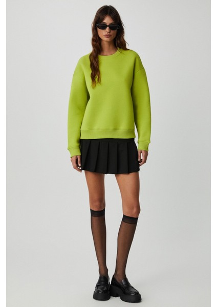 Vaneltına Kadın Içi Polarlı 3 Iplik Organik Pamuk Oversize Basic Bisiklet Yaka Fıstık Yeşili Sweatshirt