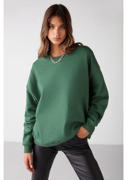 VANELTINA Kadın Bisiklet Yaka İçi Polarlı Oversize Fit Basic Yeşil Sweatshirt