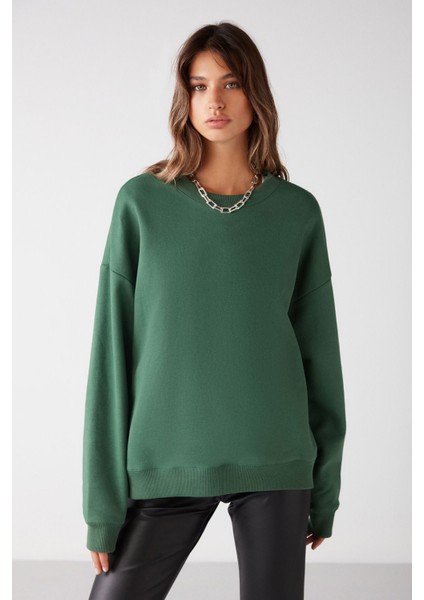 VANELTINA Kadın Bisiklet Yaka İçi Polarlı Oversize Fit Basic Yeşil Sweatshirt