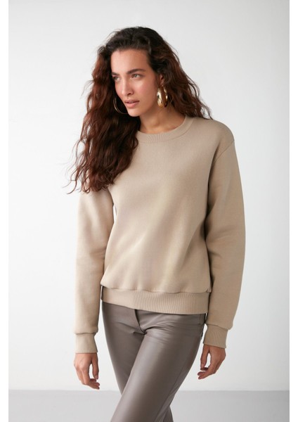 VANELTINA Kadın Bisiklet Yaka İçi Polarlı Oversize Fit Basic Vizon Sweatshirt