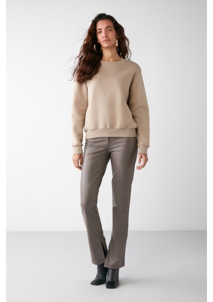 VANELTINA Kadın Bisiklet Yaka İçi Polarlı Oversize Fit Basic Vizon Sweatshirt