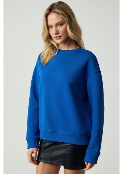 Vaneltına Kadın Organik Pamuklu Yumuşacık Içi Polarlı Yuvarlak Yakalı Parlament Mavi Sweatshirt