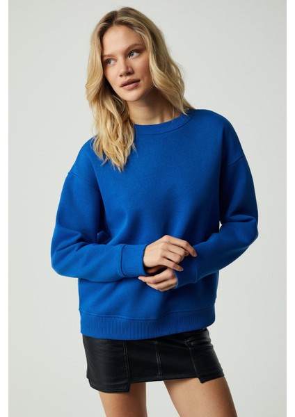Vaneltına Kadın Organik Pamuklu Yumuşacık Içi Polarlı Yuvarlak Yakalı Parlament Mavi Sweatshirt