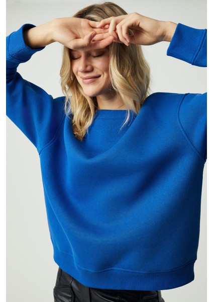 Vaneltına Kadın Organik Pamuklu Yumuşacık Içi Polarlı Yuvarlak Yakalı Parlament Mavi Sweatshirt