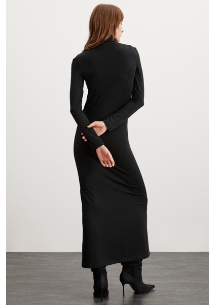 Sapphıre Kadın Boğazlı Uzun Kollu Slim Fit Maxi Siyah Elbise