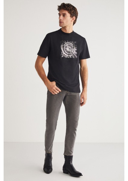 Sevılla Erkek %100 Organik Pamuklu Baskı Detaylı Bisiklet Yaka Siyah T-shirt fiyatları