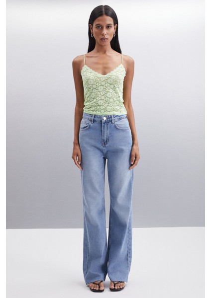 Sheyla Kadın Regular Fit Yüksek Bel Wide Leg Paça Mavi Pantolon