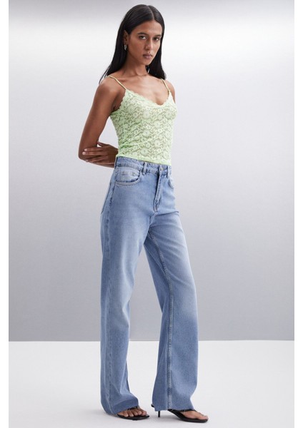 Sheyla Kadın Regular Fit Yüksek Bel Wide Leg Paça Mavi Pantolon