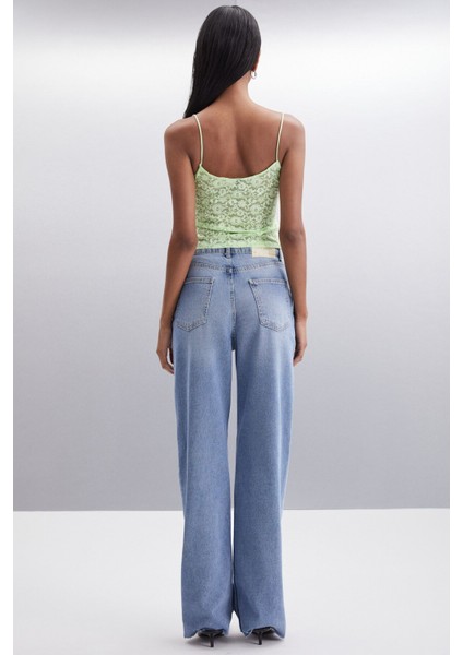 Sheyla Kadın Regular Fit Yüksek Bel Wide Leg Paça Mavi Pantolon