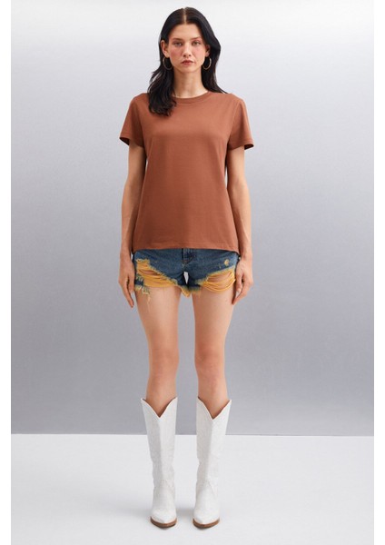 Samantha Kadın Comfort Fit %100 Organik Pamuklu Basic Örme Kahverengi T-shirt fiyatları